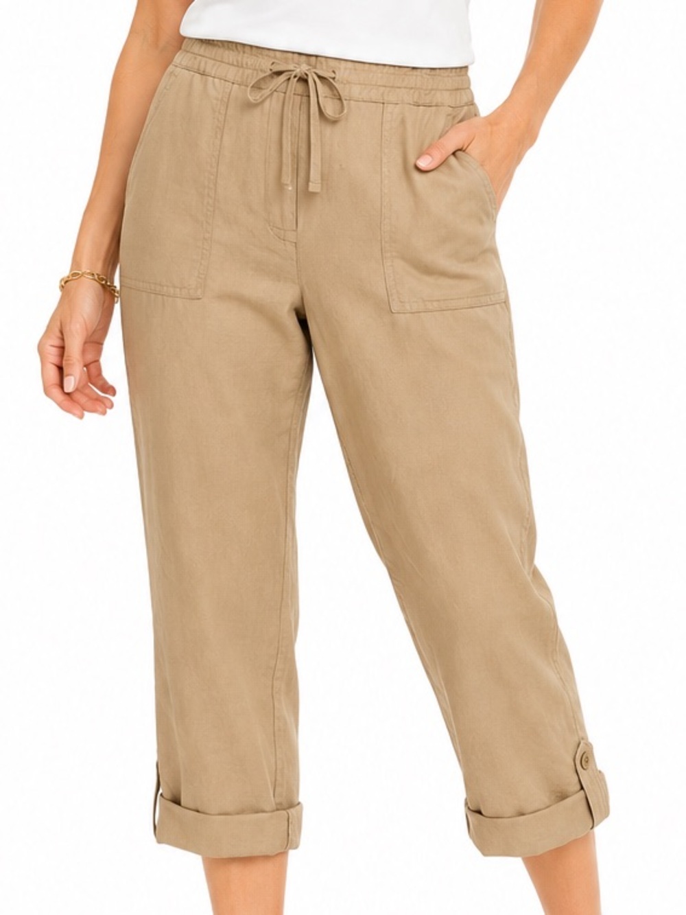 Talbots Signature Petites Drawstring Crop Pants Khaki Roll Tab Utility 8P